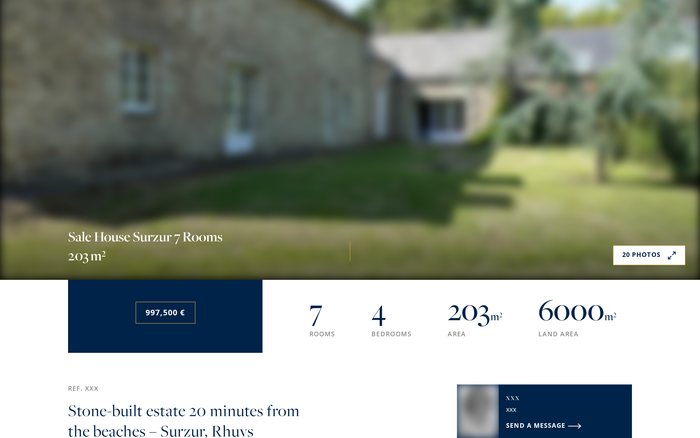 The audited property listing, anonymised: photograph, price, floor areas and the start of the sales copy